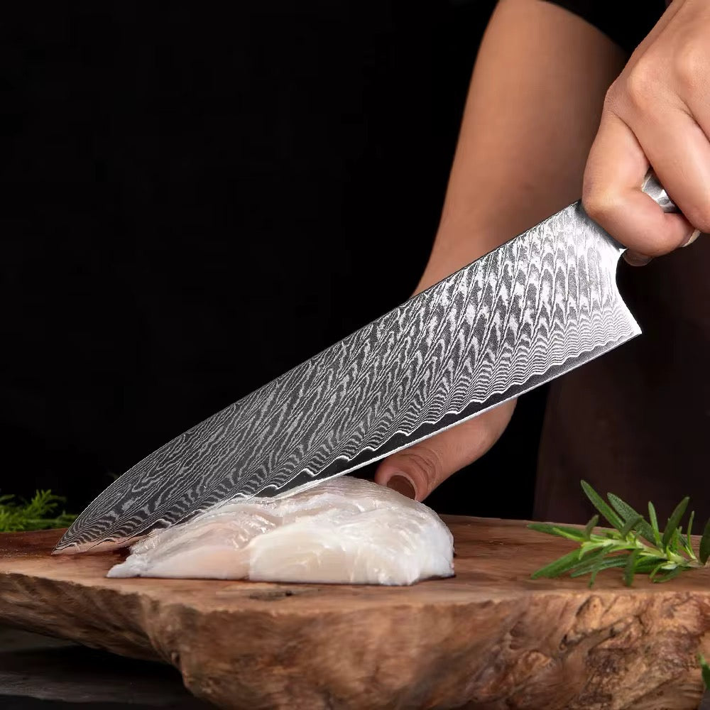 Damascus knife in steel chief boning utility mowing