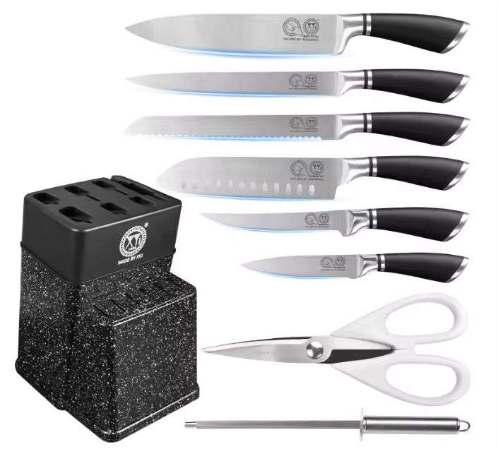 Stainless steel knife set of 9 pieces chef’s knife with scissors and sharpening bars