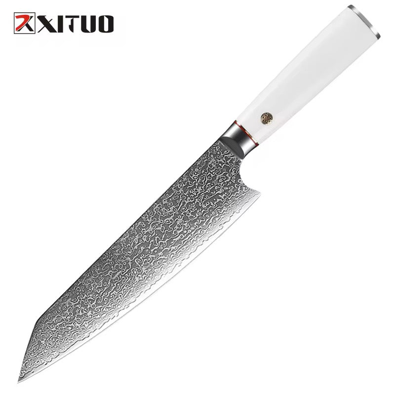Kiritsuke knife in damask steel cut meat